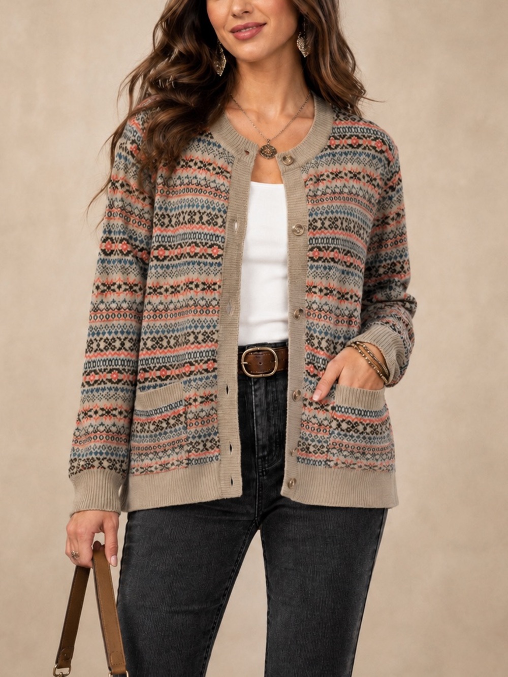 April Cornell Fair Isle Print Crewneck Button Down Pocket Cardigan Sweater Large